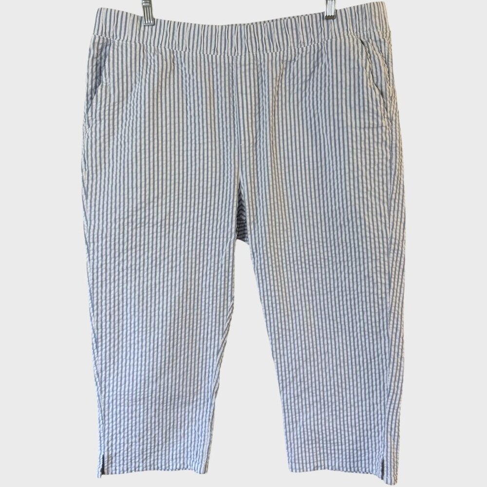 Vermont Country Store Striped Crop Capri Seersucker Pants Blue Women's 1X Beachy
